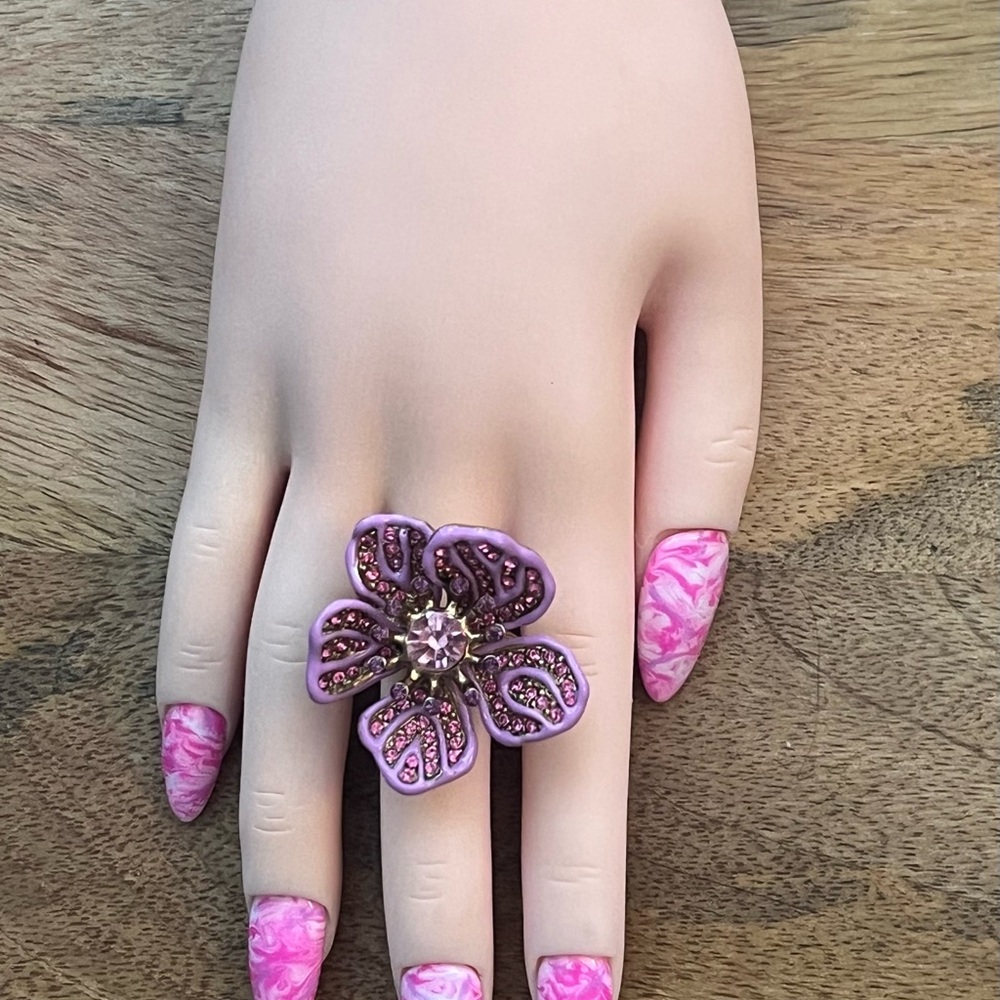 Oscar de la Renta Pink Floral Flower Statement Ring Size 6 Crystal Enamel Resin - Picture 4 of 13